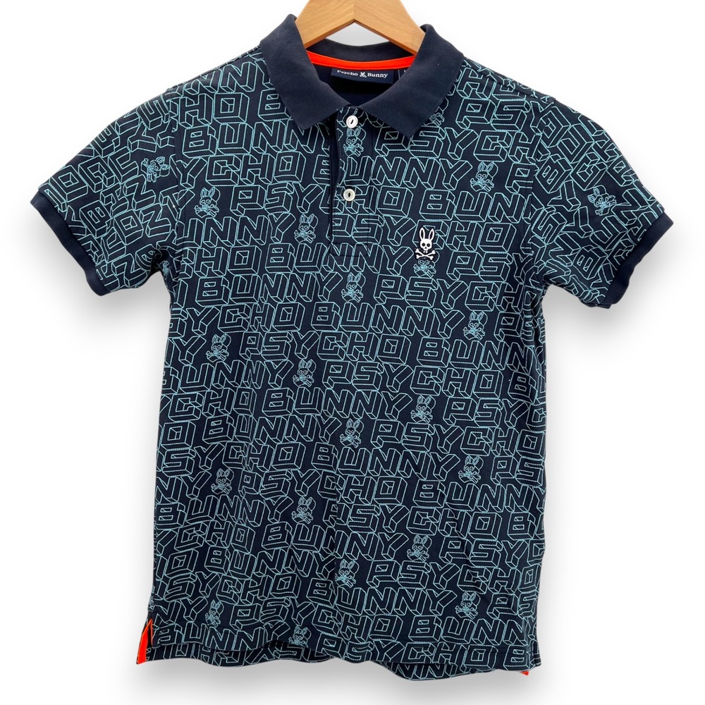 Psycho Bunny Boys All Over Logo Print Polo Shirt Navy Blue Size 14-16‎ Large